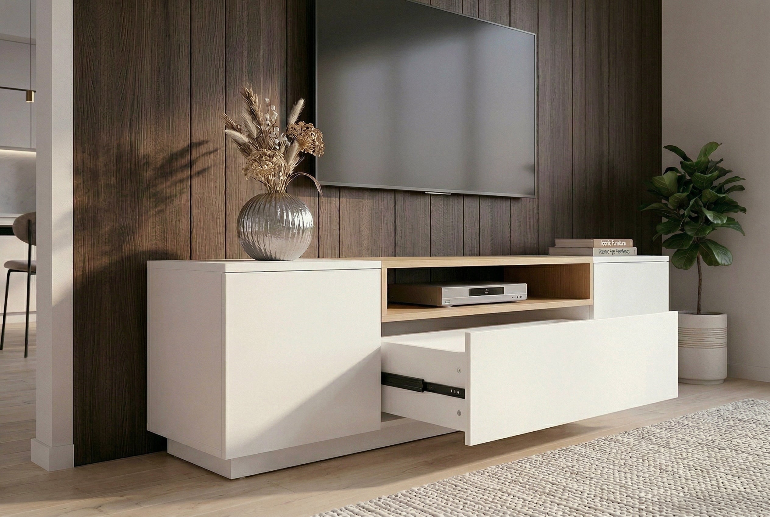 Meuble TV moderne LOFT 160cm blanc naturel trois compartiments avec tiroir