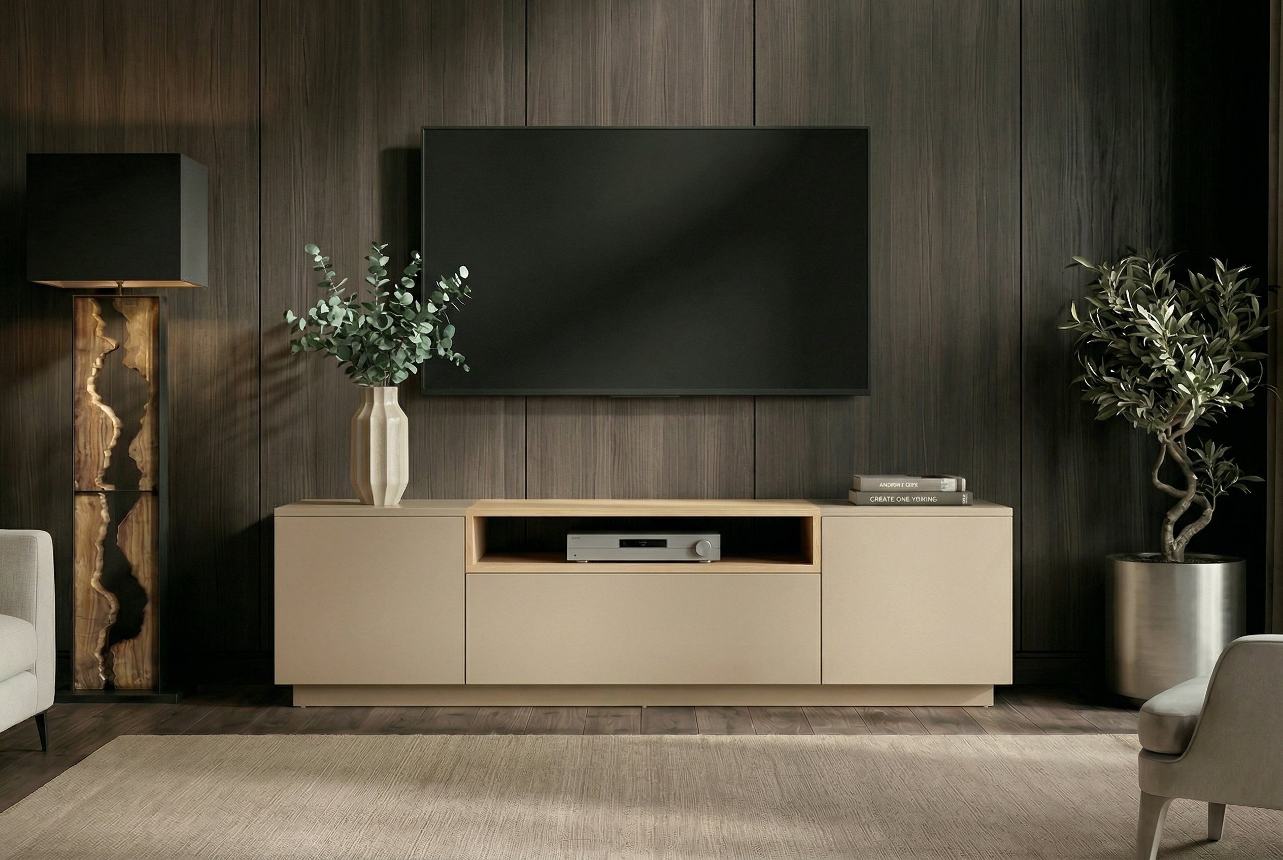 Meuble TV moderne LOFT 160cm gris naturel beige grège trois compartiments tiroir