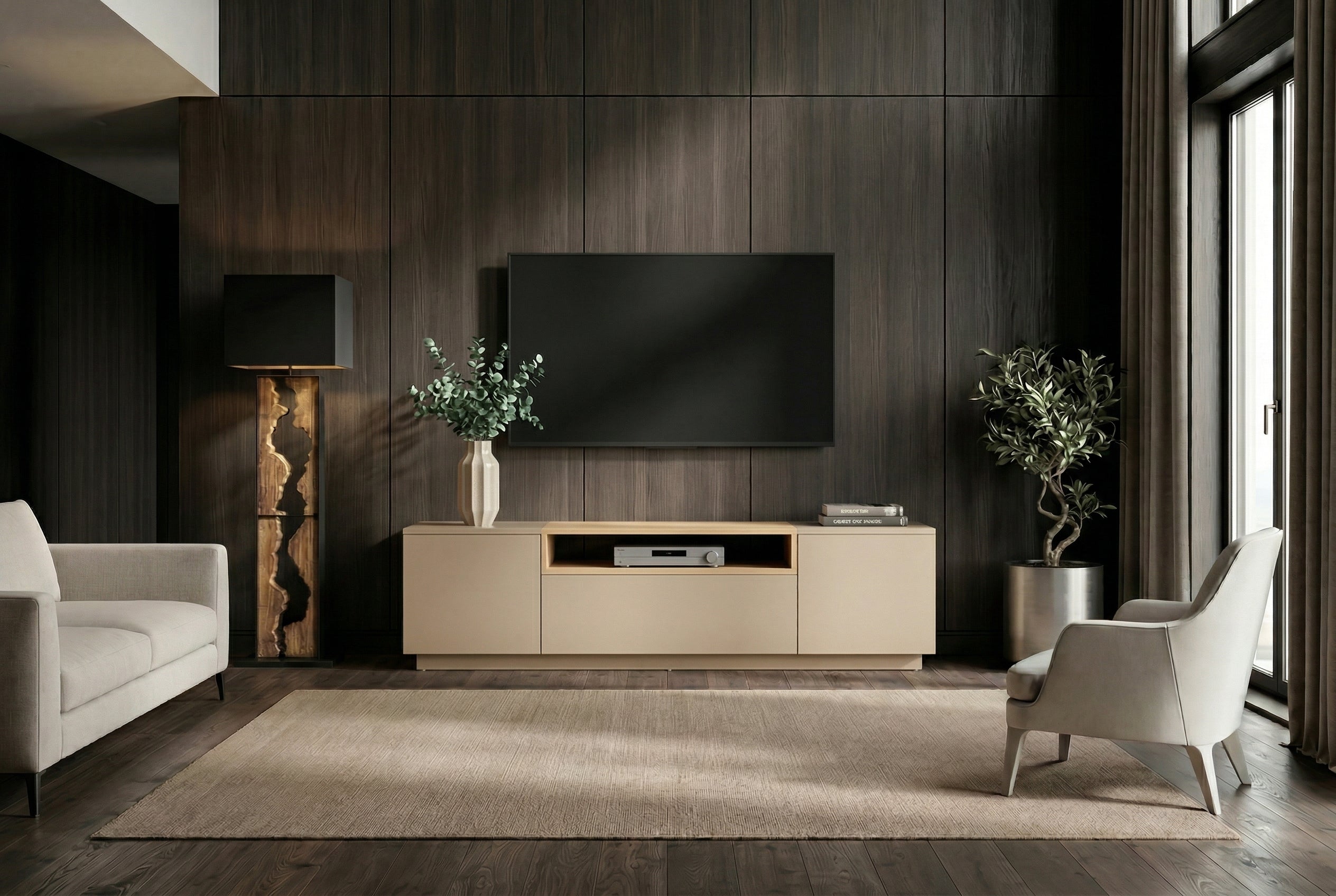 Meuble TV moderne LOFT 160cm gris naturel beige grège trois compartiments tiroir