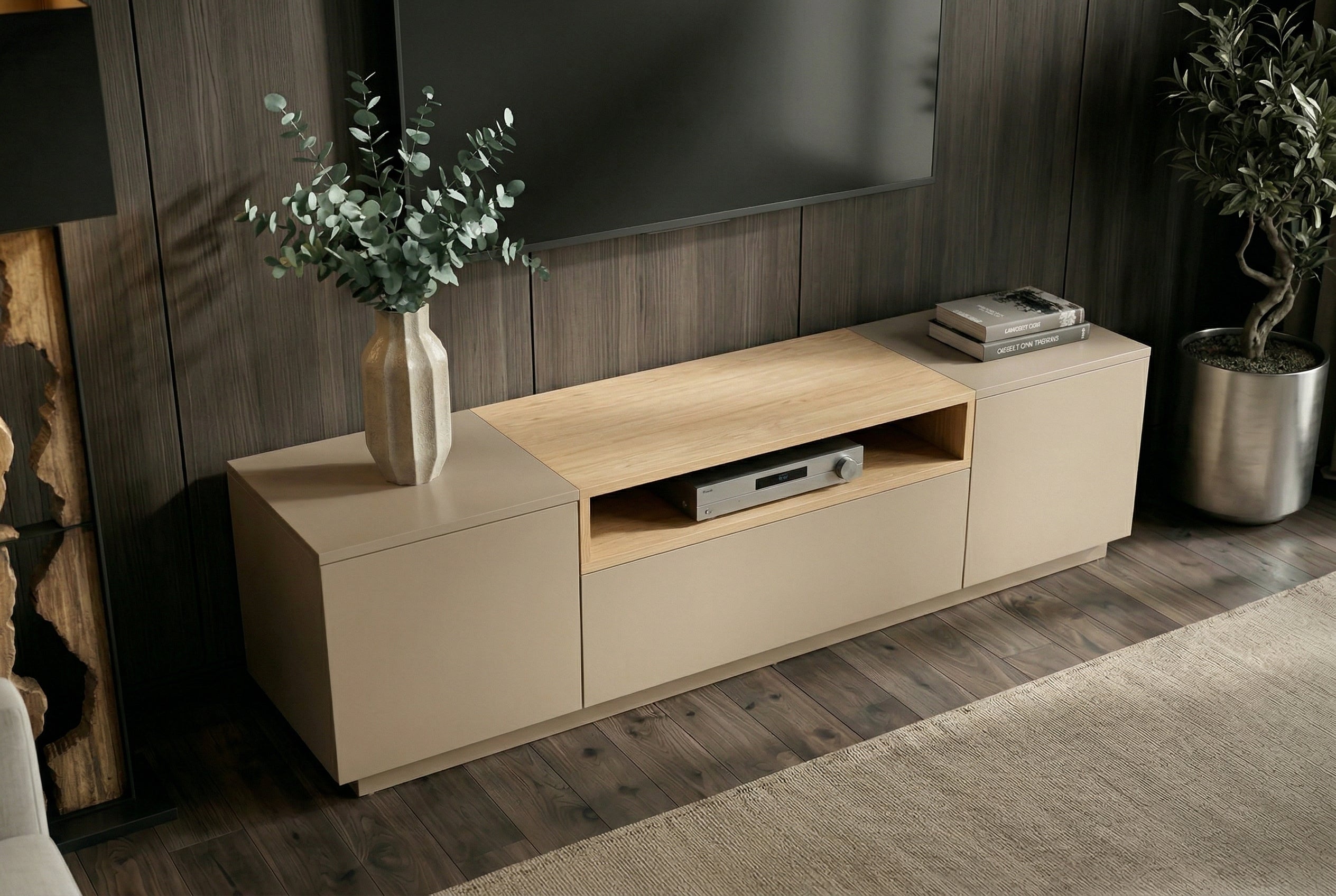 Meuble TV moderne LOFT 160cm gris naturel beige grège trois compartiments tiroir