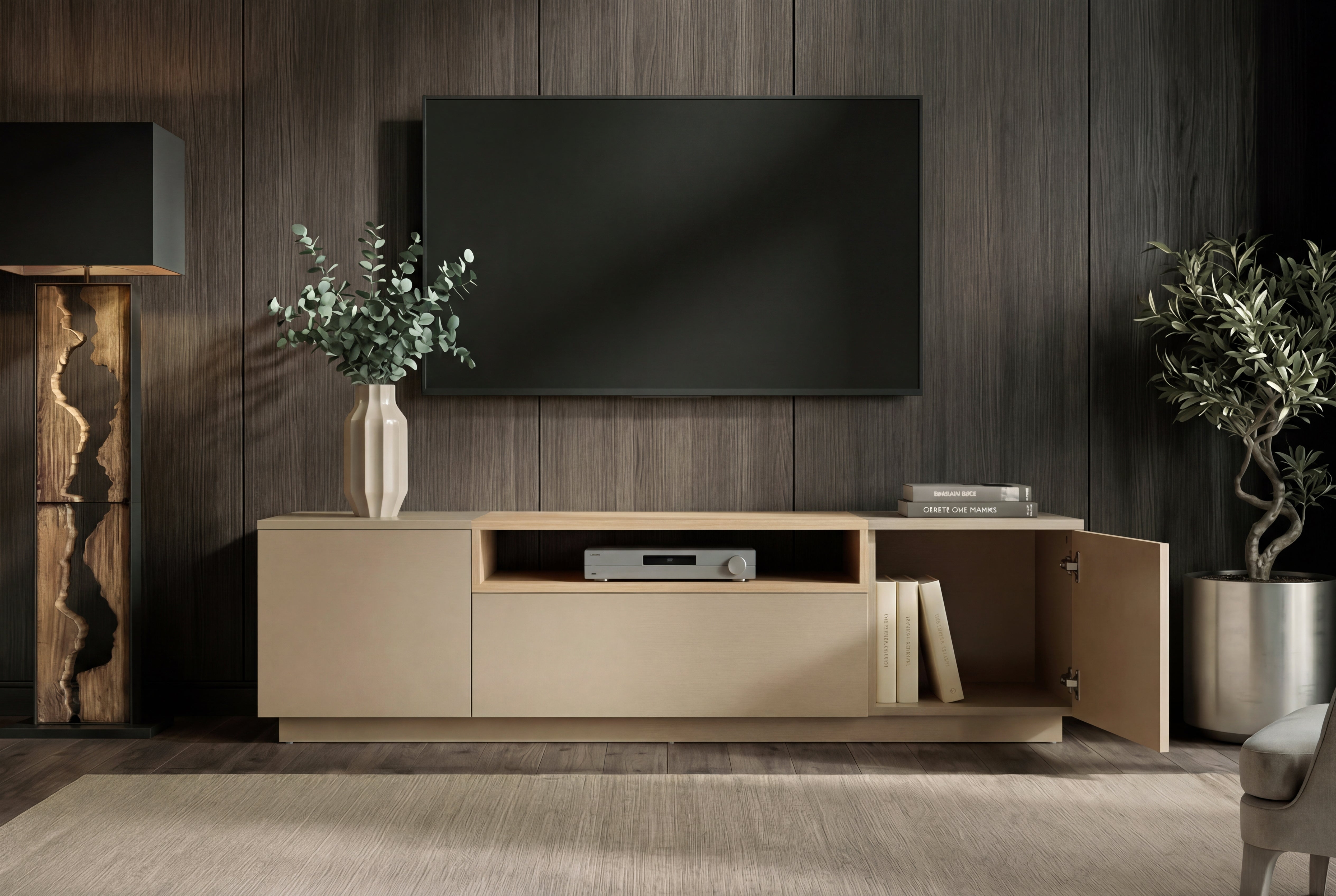 Meuble TV moderne LOFT 160cm gris naturel beige grège trois compartiments tiroir