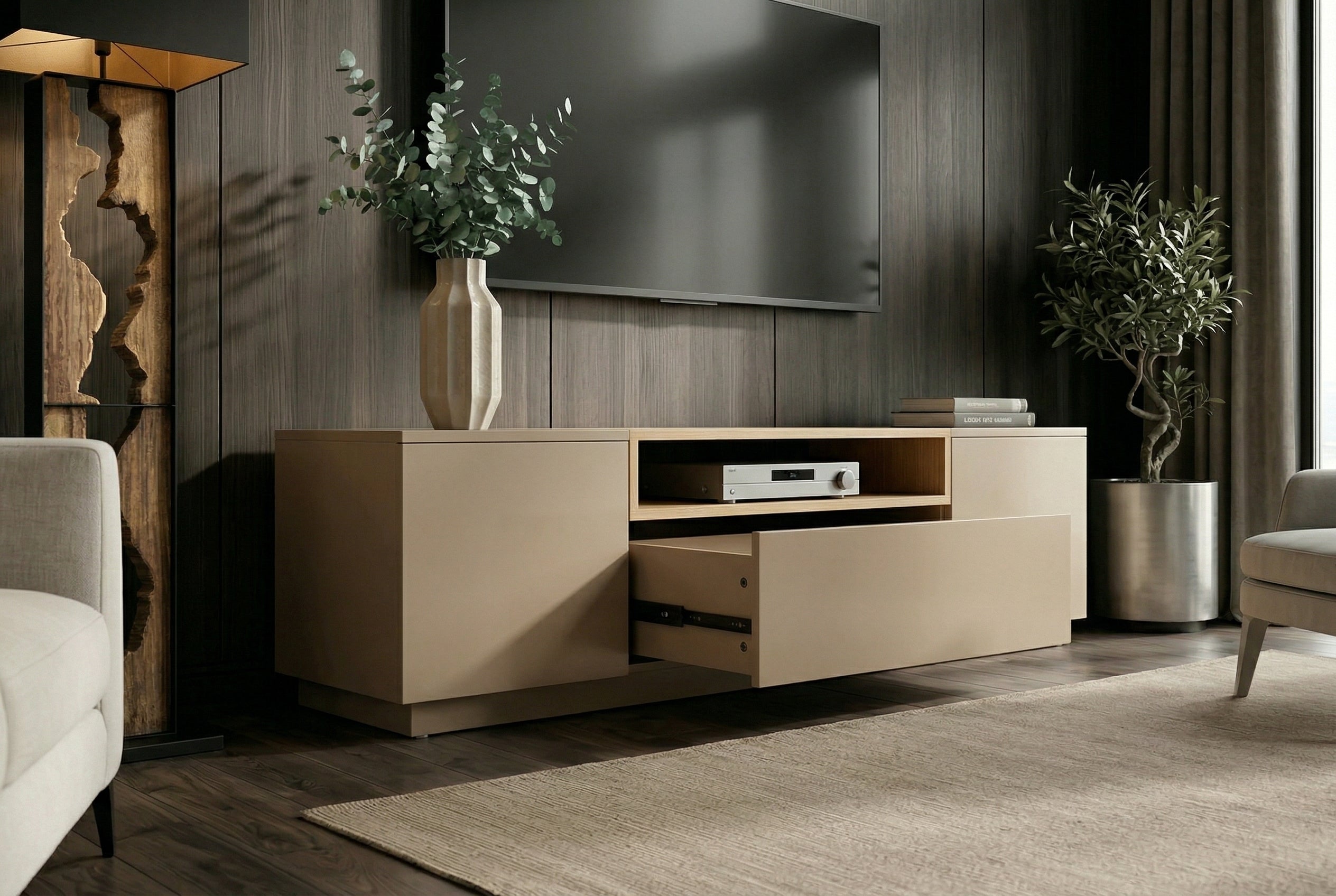 Meuble TV moderne LOFT 160cm gris naturel beige grège trois compartiments tiroir