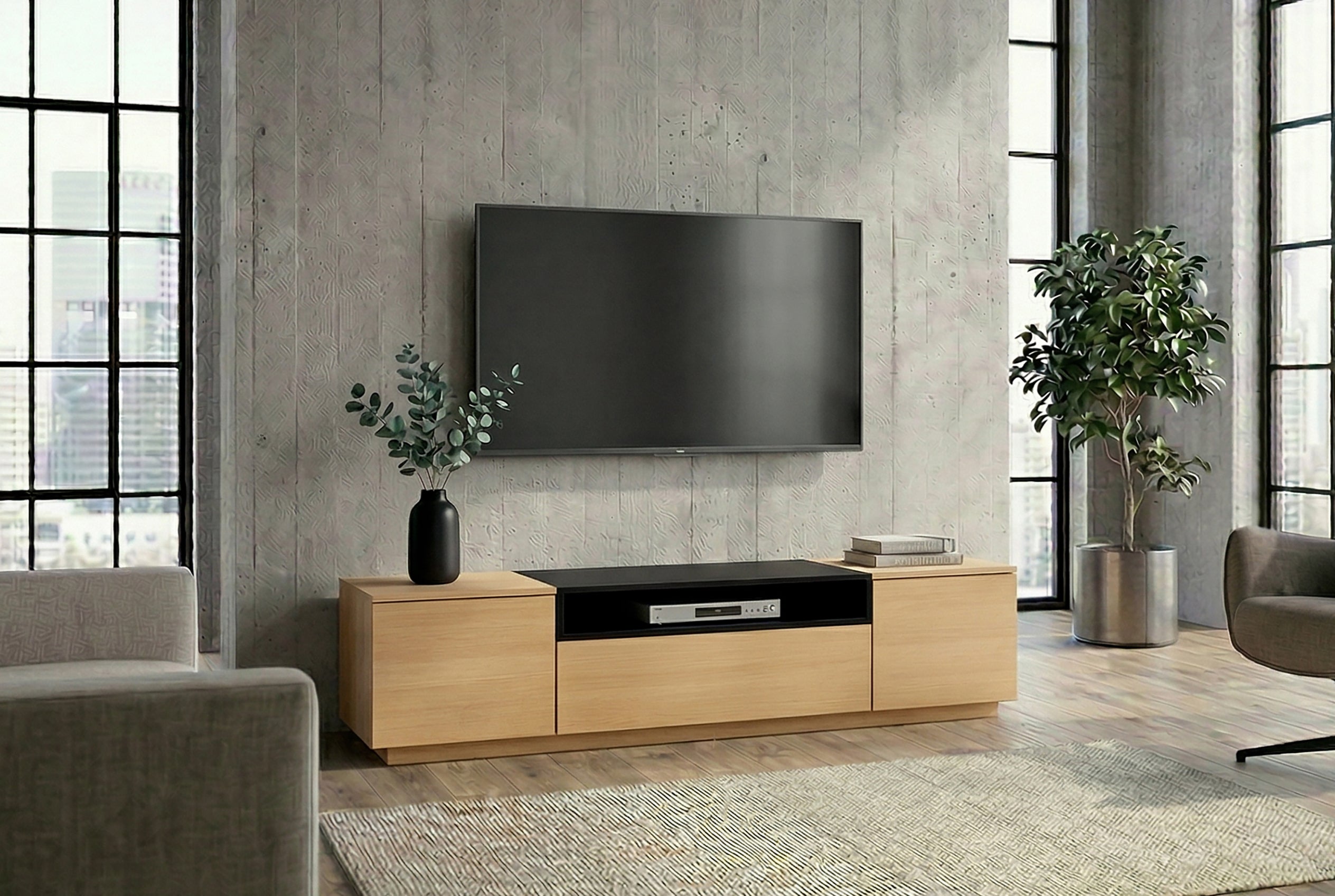 Meuble TV moderne LOFT 160cm noir naturel trois compartiments avec tiroir