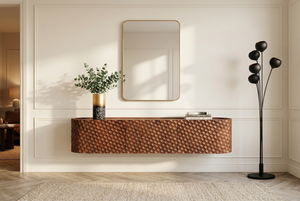 Meuble TV suspendu ADLON 160cm en manguier marron, façade 3D massive en structure nid d’abeille
