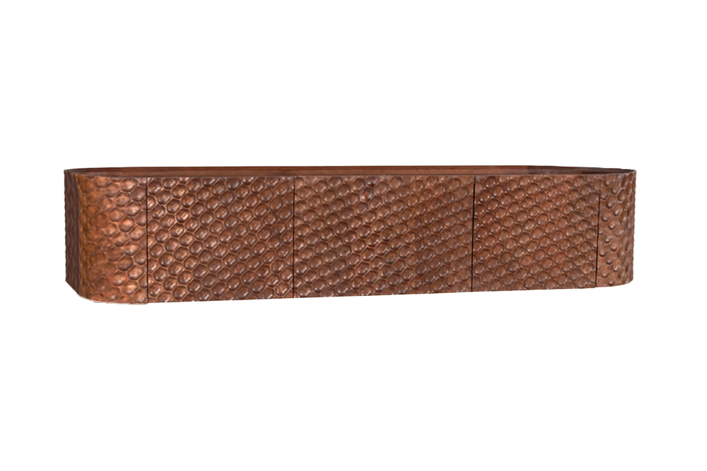 Meuble TV suspendu ADLON 160cm en manguier marron, façade 3D massive en structure nid d’abeille