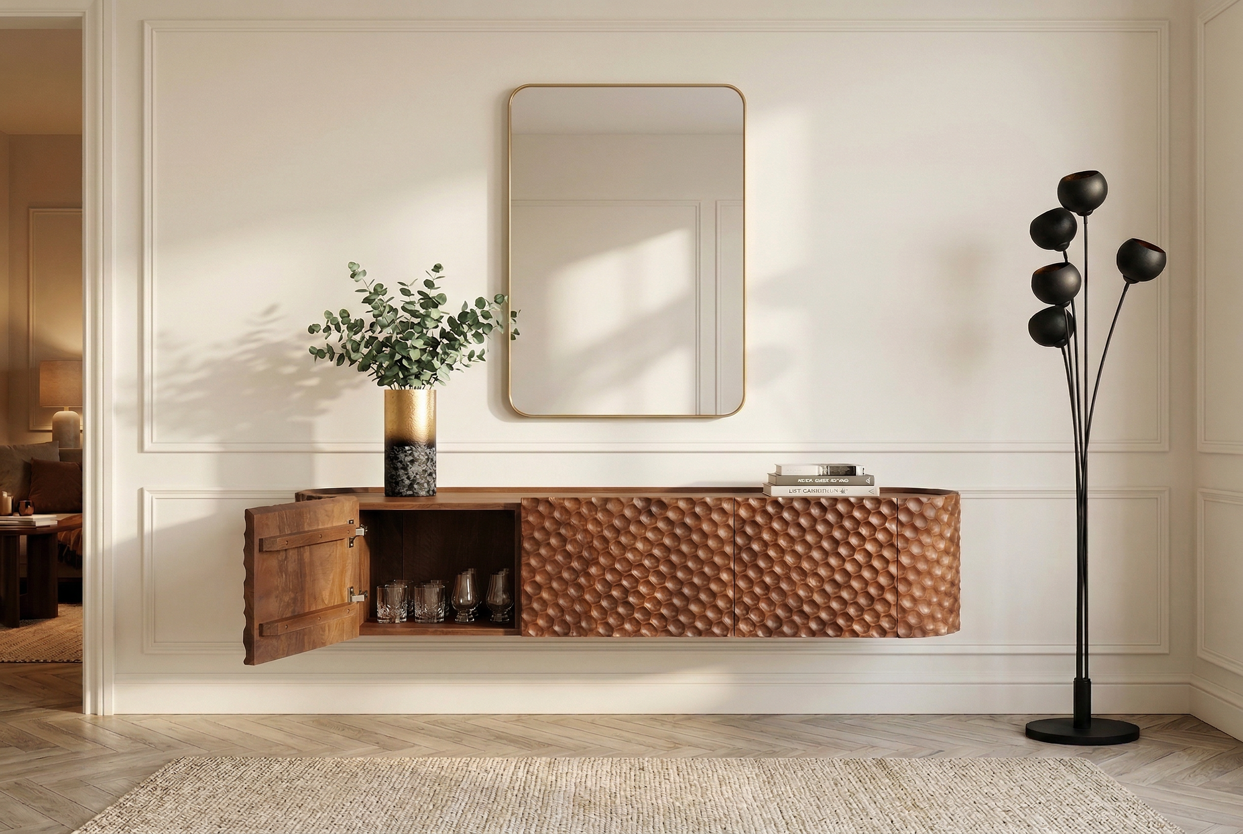 Meuble TV suspendu ADLON 160cm en manguier marron, façade 3D massive en structure nid d’abeille