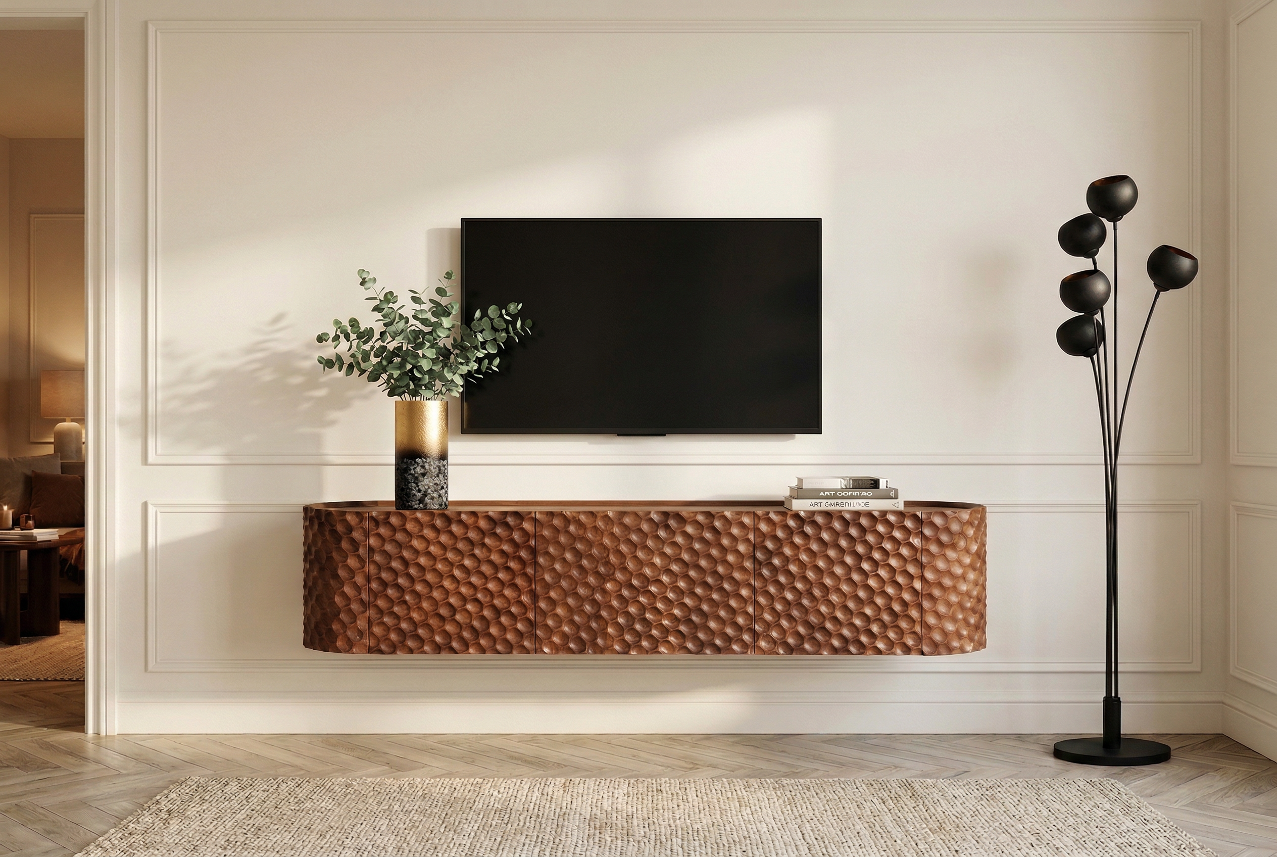 Meuble TV suspendu ADLON 160cm en manguier marron, façade 3D massive en structure nid d’abeille