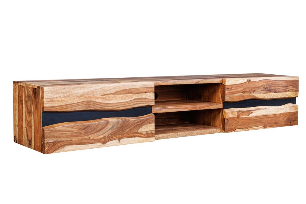 Meuble TV suspendu AMAZONAS 160cm bois massif sheesham marron bord d’arbre métal noir