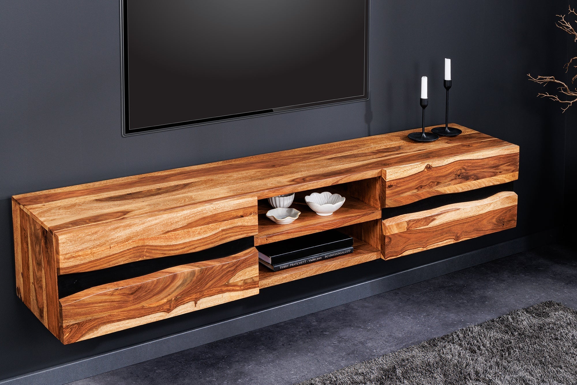 Meuble TV suspendu AMAZONAS 160cm bois massif sheesham marron bord d’arbre métal noir