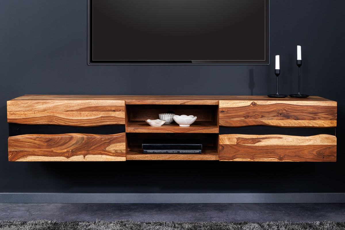 Meuble TV suspendu AMAZONAS 160cm bois massif sheesham marron bord d’arbre métal noir