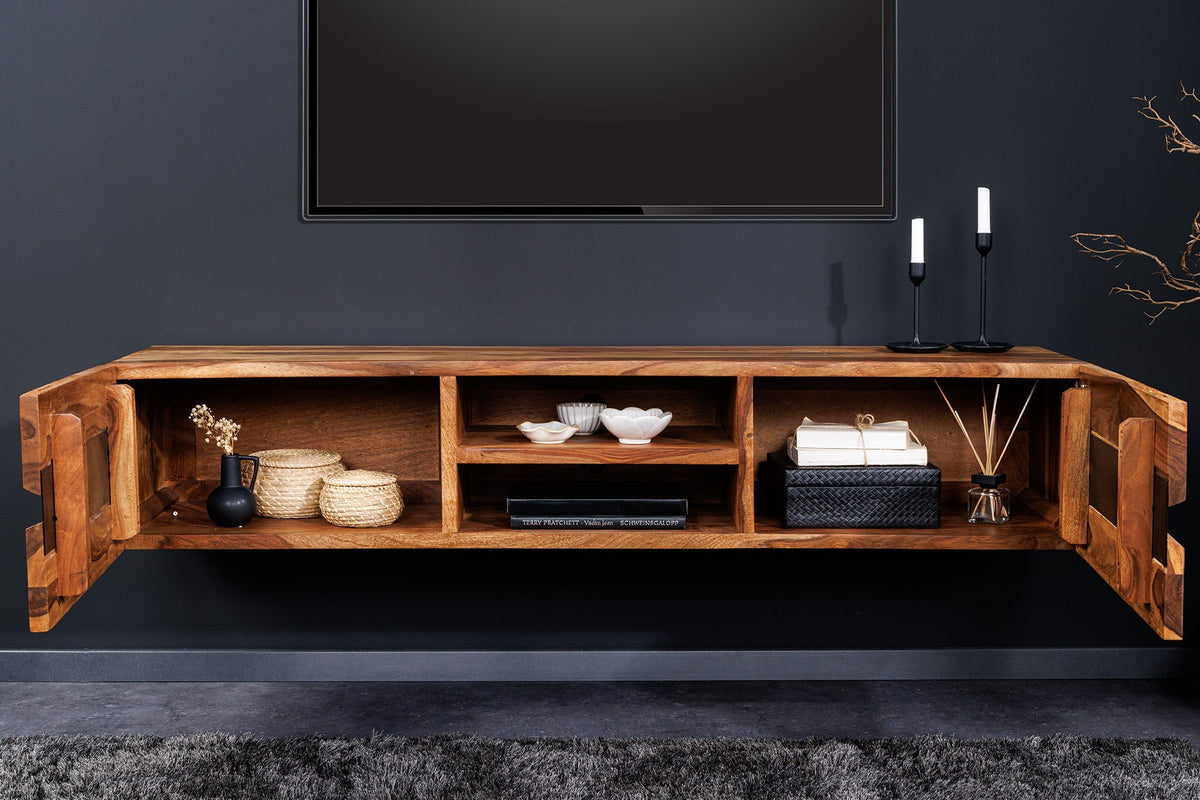 Meuble TV suspendu AMAZONAS 160cm bois massif sheesham marron bord d’arbre métal noir