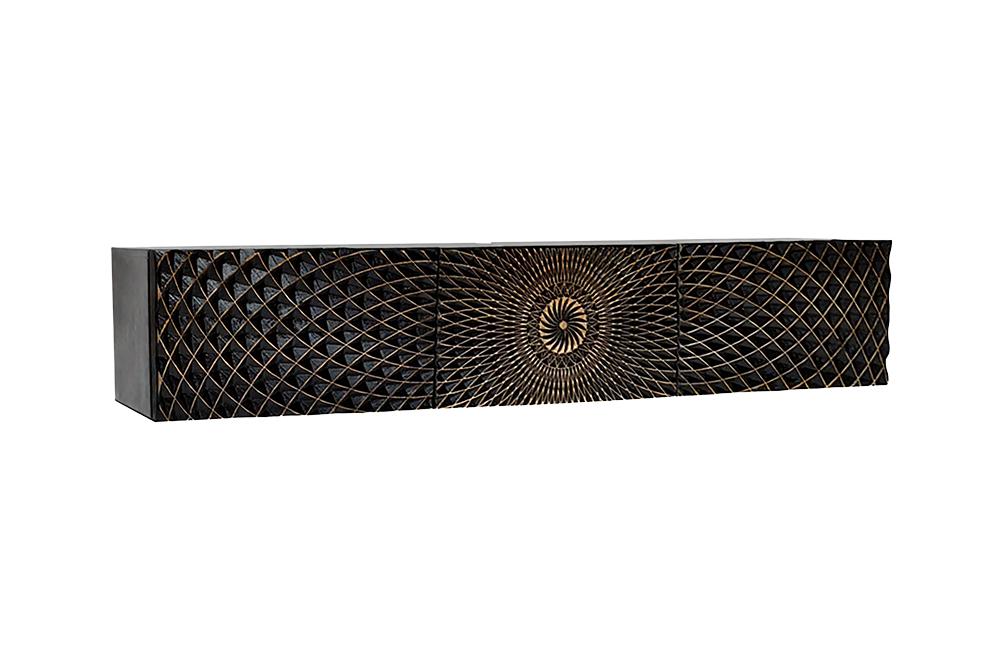 Meuble TV suspendu ILLUSION 160cm en bois de manguier massif noir avec sculptures 3D dorées