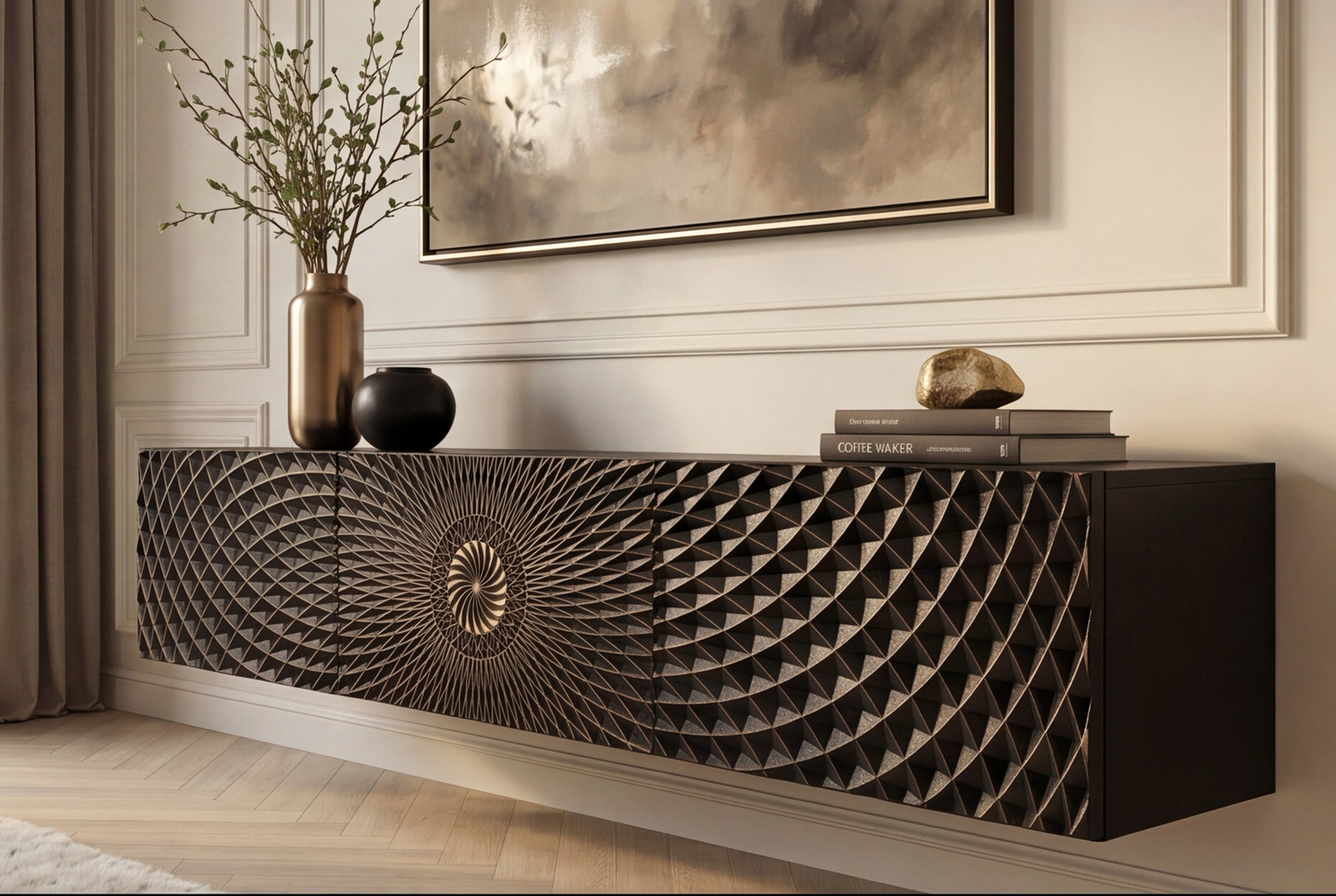 Meuble TV suspendu ILLUSION 160cm en bois de manguier massif noir avec sculptures 3D dorées