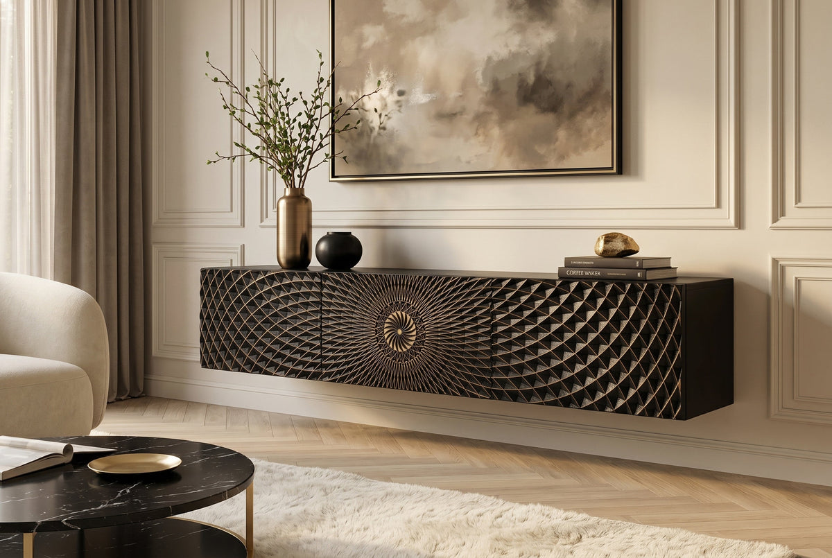 Meuble TV suspendu ILLUSION 160cm en bois de manguier massif noir avec sculptures 3D dorées