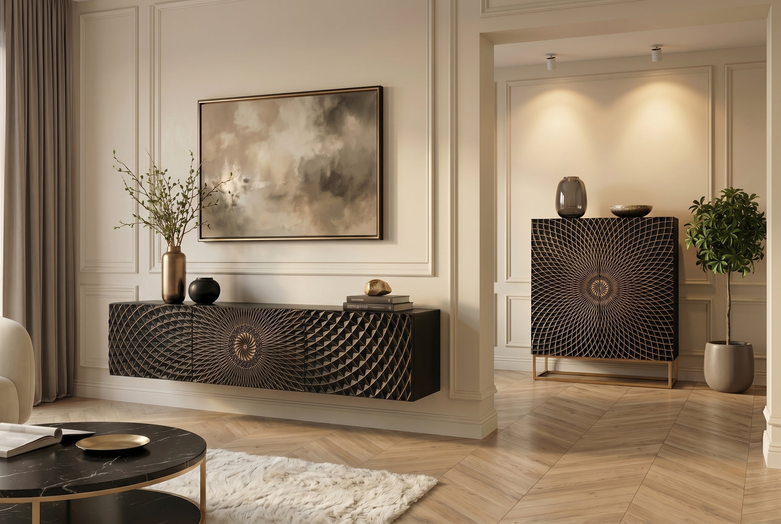 Meuble TV suspendu ILLUSION 160cm en bois de manguier massif noir avec sculptures 3D dorées