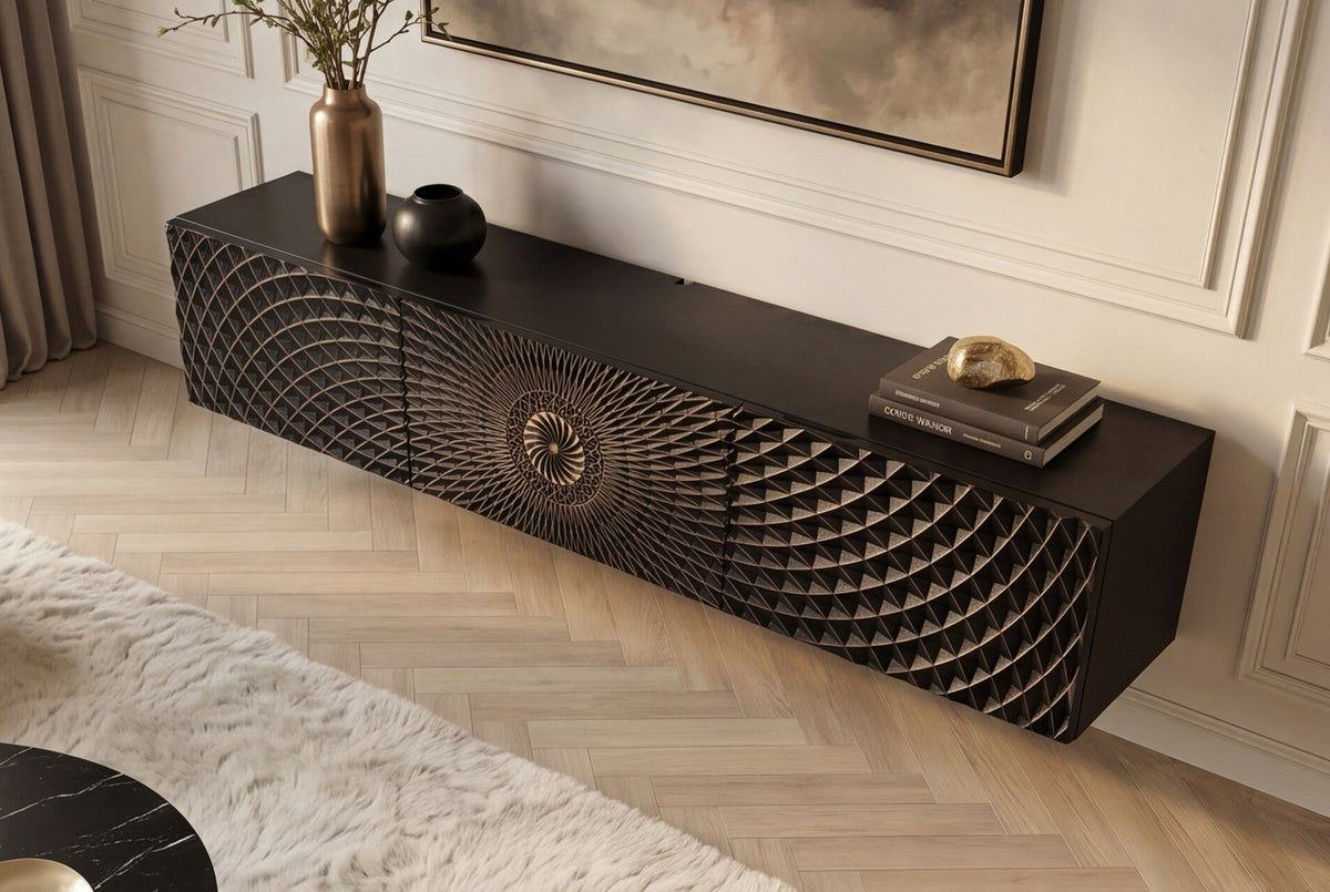 Meuble TV suspendu ILLUSION 160cm en bois de manguier massif noir avec sculptures 3D dorées
