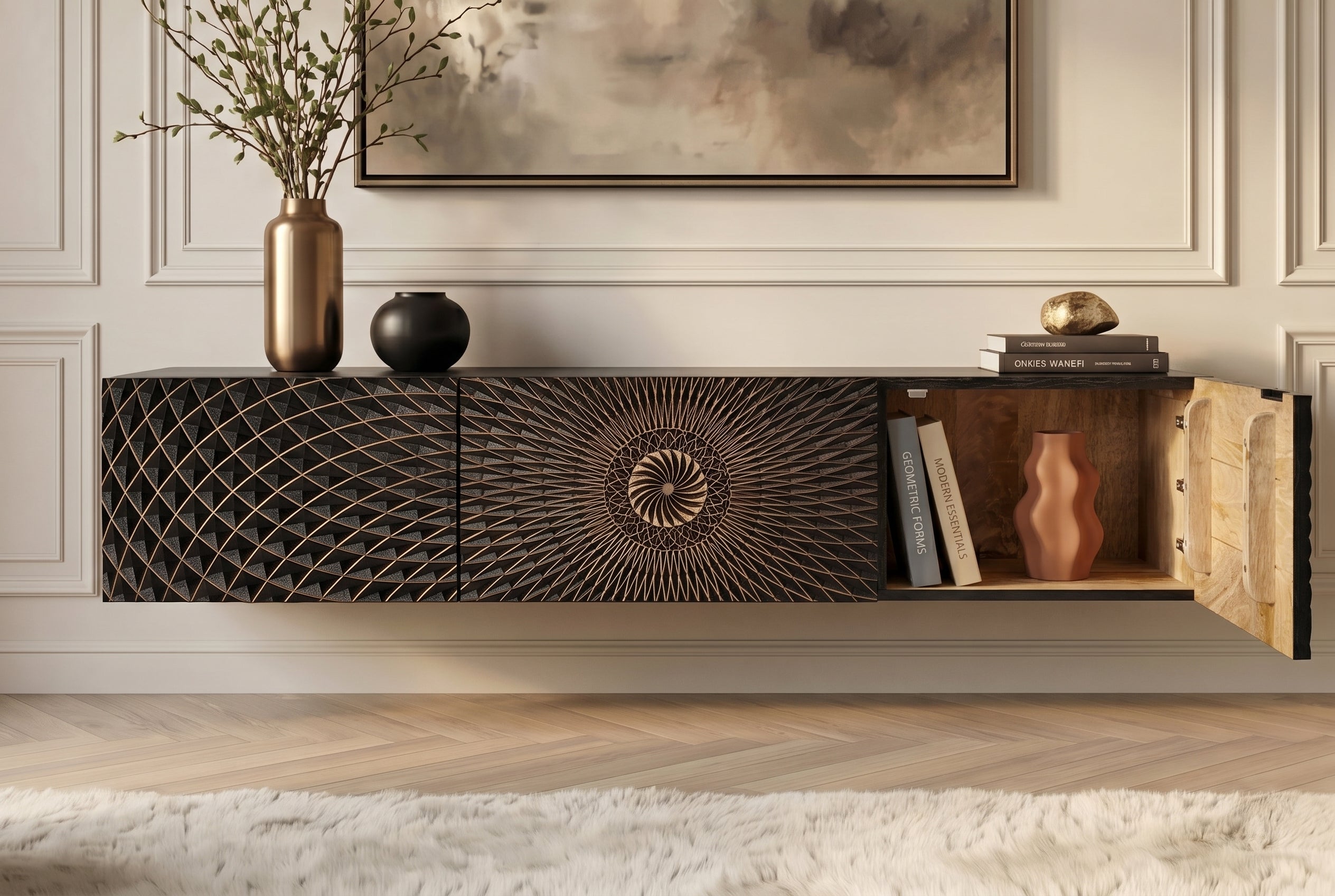 Meuble TV suspendu ILLUSION 160cm en bois de manguier massif noir avec sculptures 3D dorées