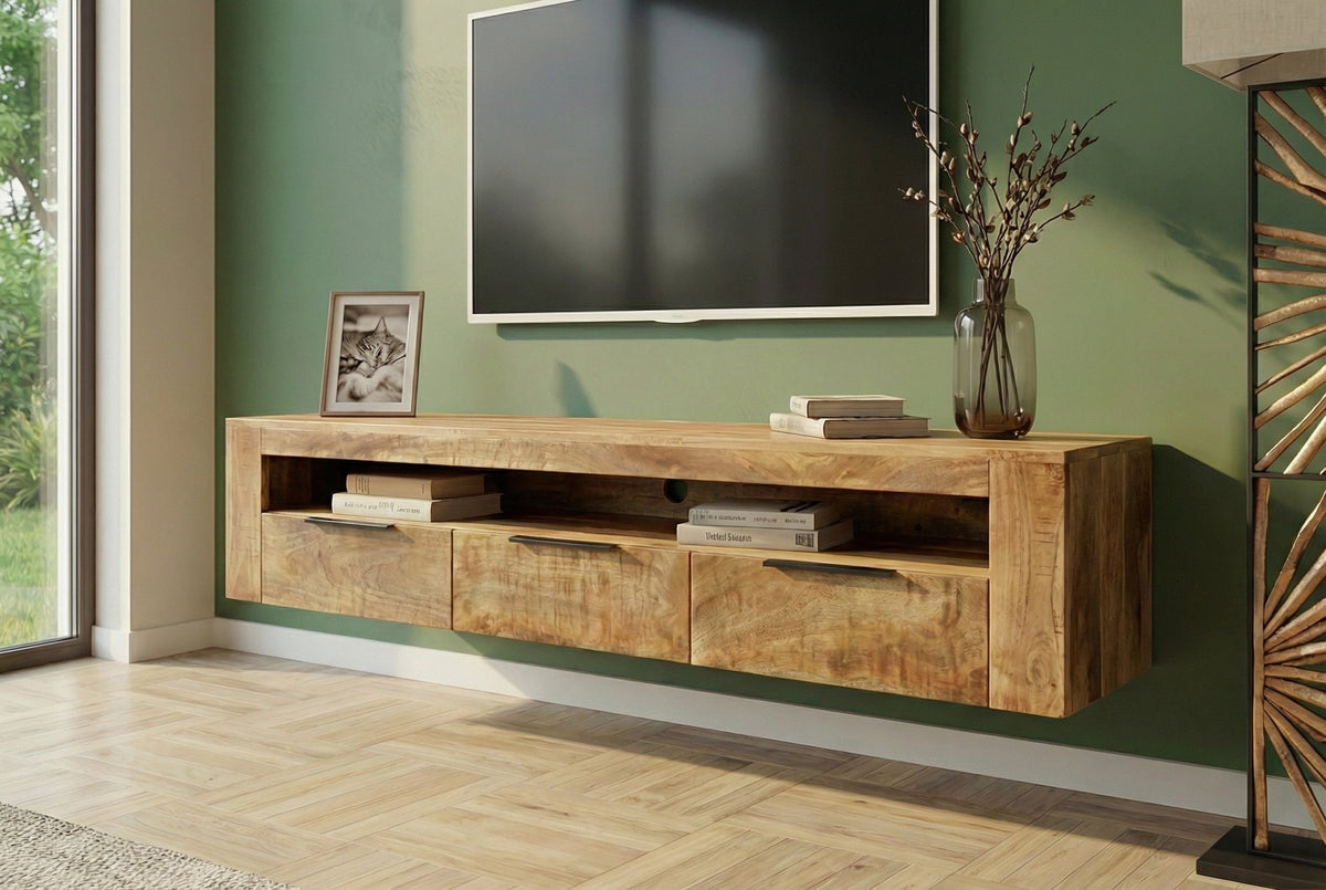 Meuble TV suspendu IRON CRAFT 160cm meuble bas en bois massif de manguier naturel à trois tiroirs