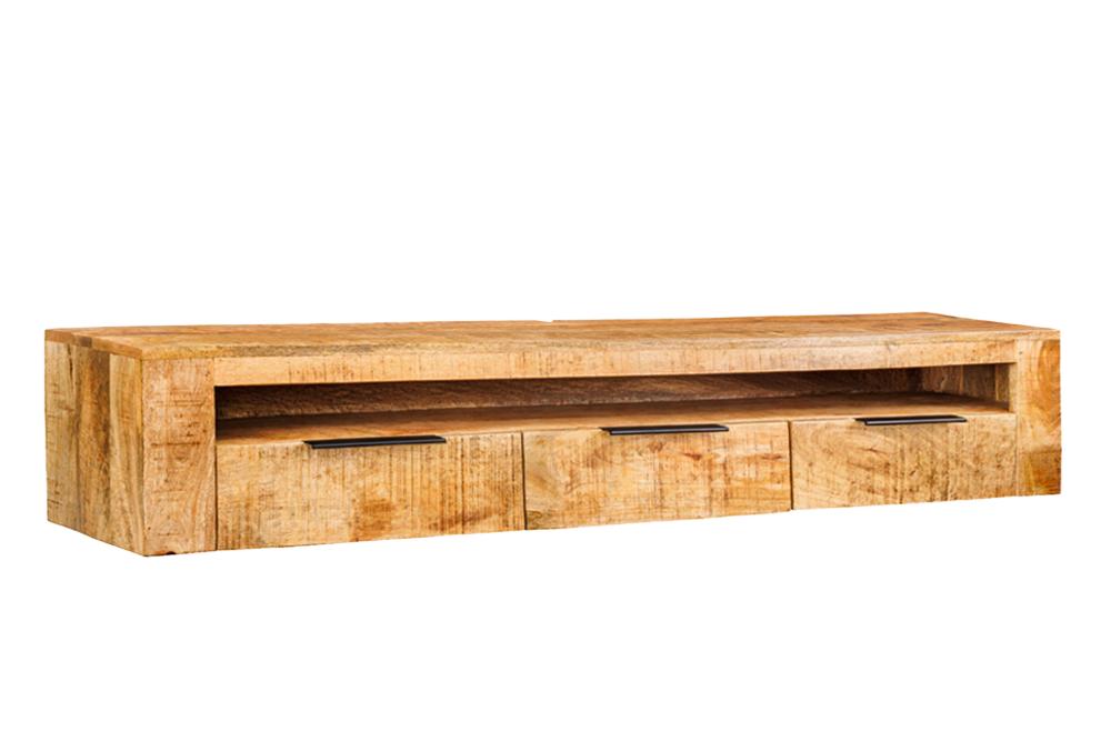 Meuble TV suspendu IRON CRAFT 160cm meuble bas en bois massif de manguier naturel à trois tiroirs