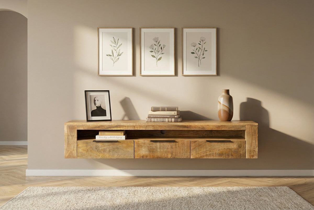 Meuble TV suspendu IRON CRAFT 160cm meuble bas en bois massif de manguier naturel à trois tiroirs