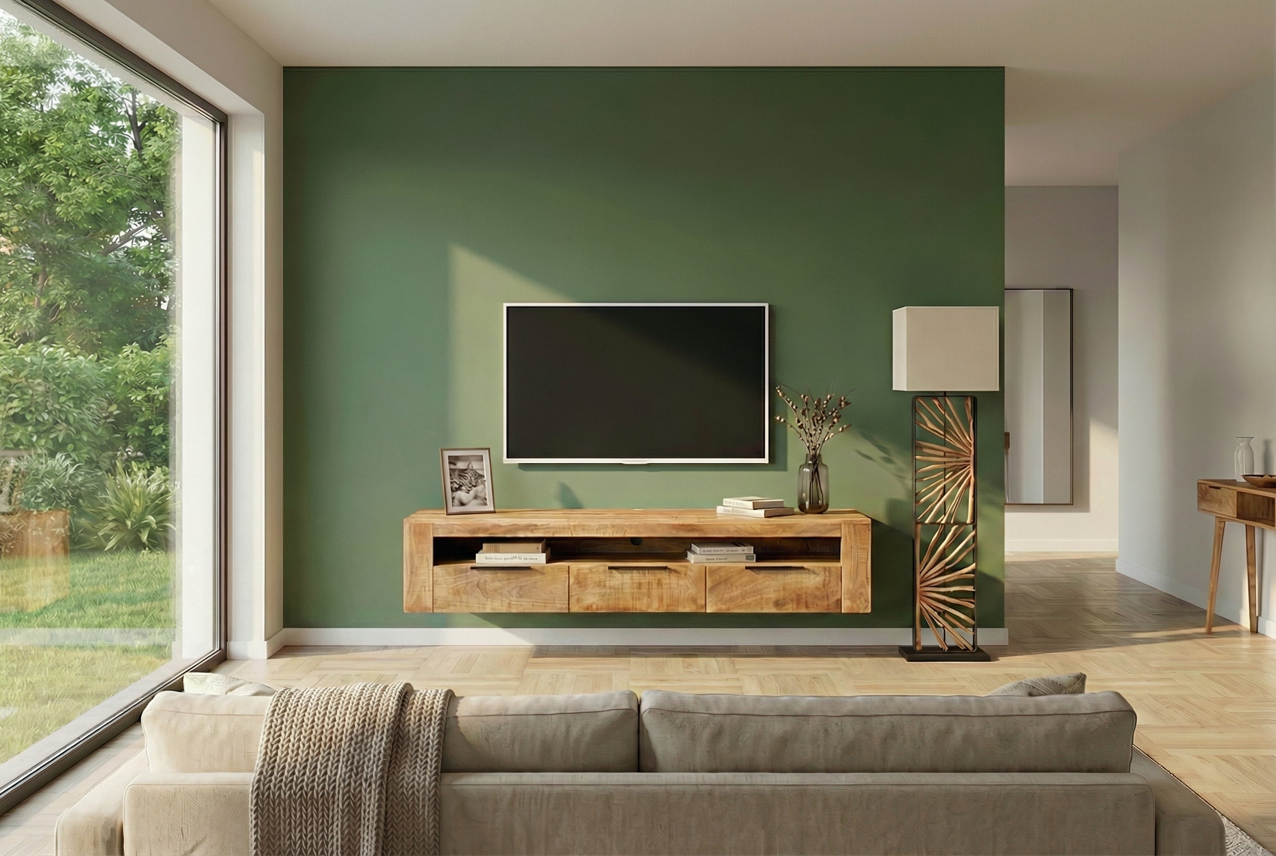 Meuble TV suspendu IRON CRAFT 160cm meuble bas en bois massif de manguier naturel à trois tiroirs