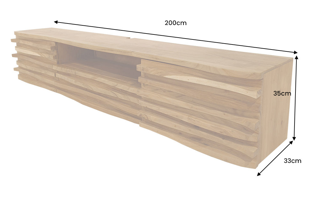Meuble TV suspendu RELIEF 200 cm en bois d’acacia massif naturel avec une façade élaborée