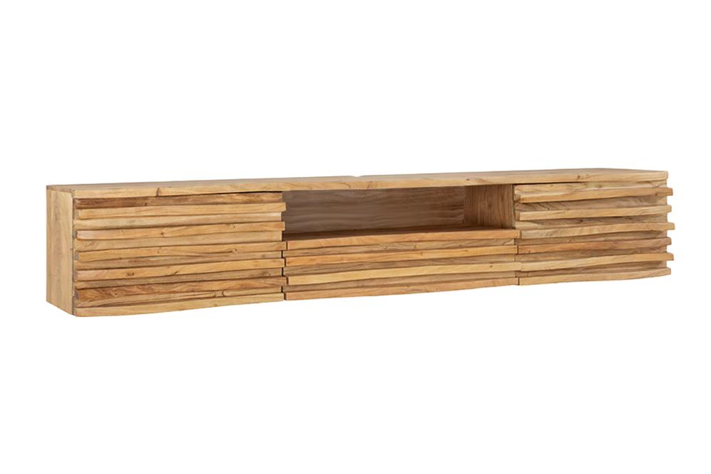 Meuble TV suspendu RELIEF 200 cm en bois d’acacia massif naturel avec une façade élaborée