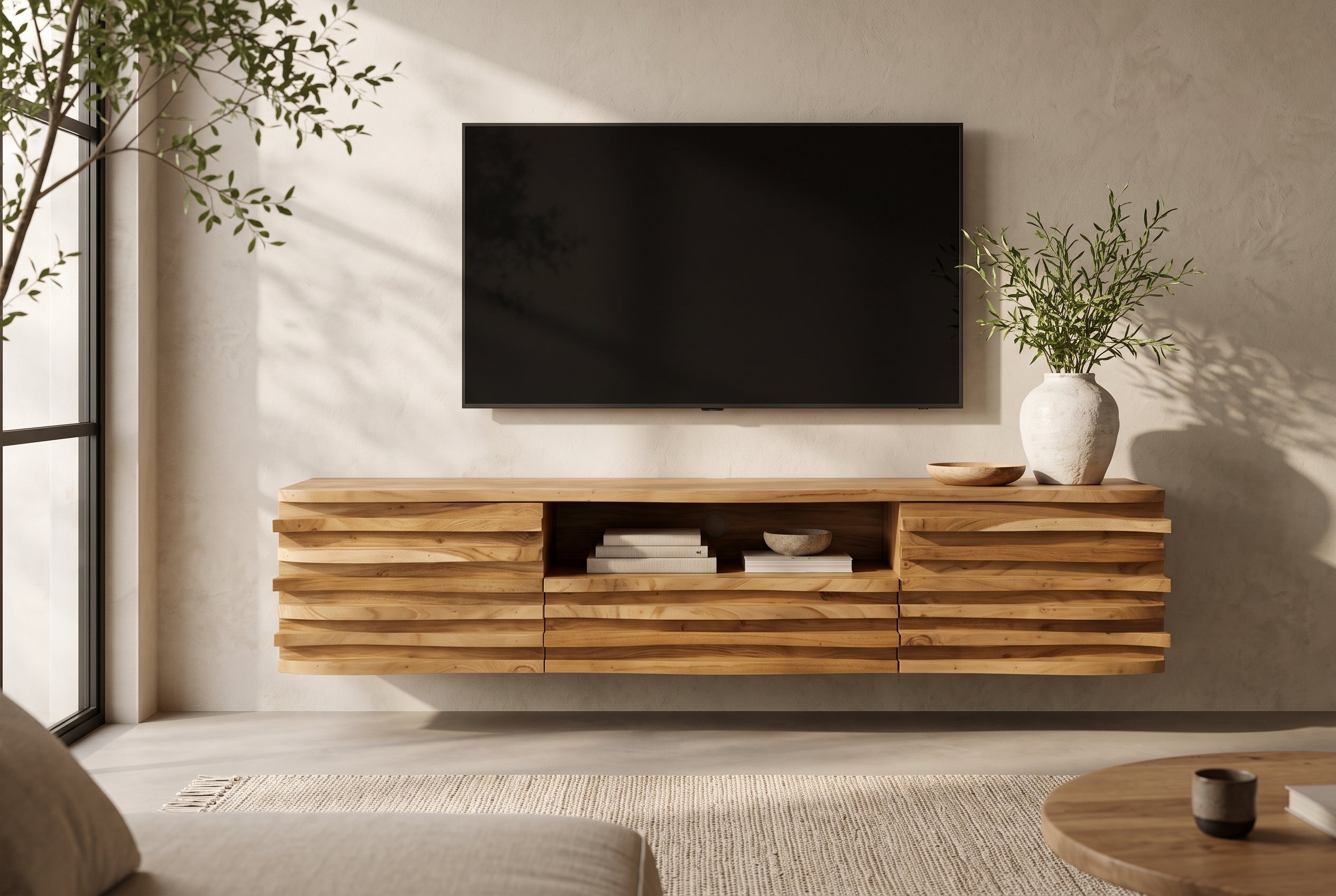 Meuble TV suspendu RELIEF 200 cm en bois d’acacia massif naturel avec une façade élaborée