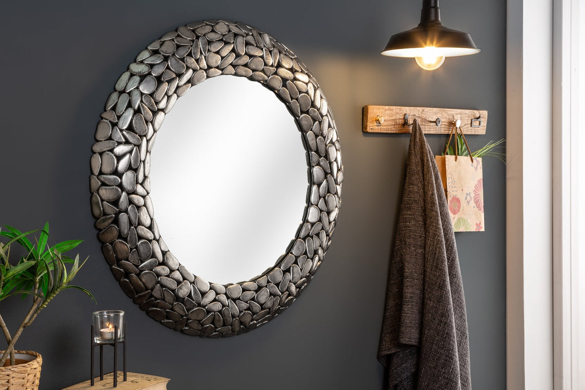 Miroir artisanal STONE MOSAIC XL 82cm argent aspect mosaïque en métal
