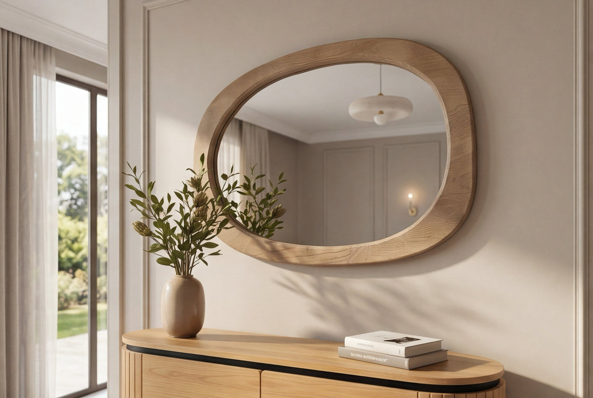 Miroir design ORGANIC 105cm naturel beige bois de pin cadre arrondi miroir mural