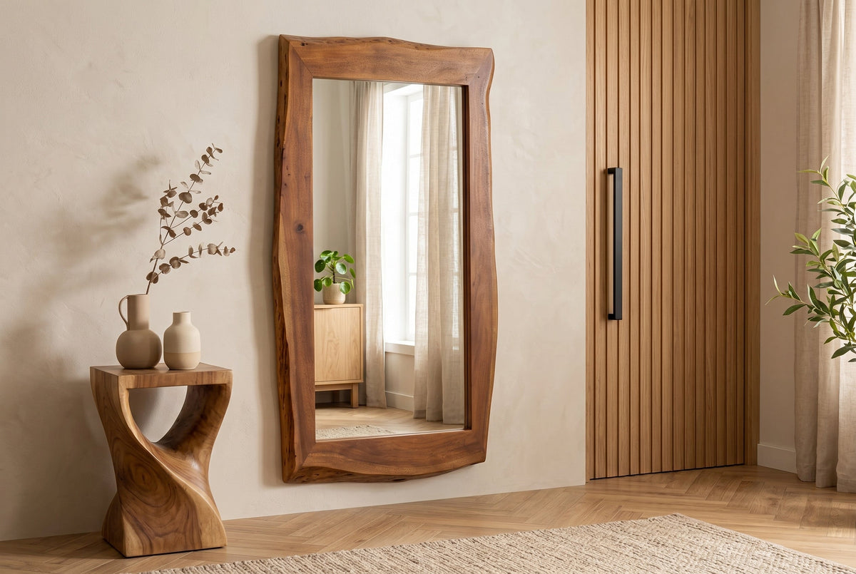 Miroir massif MAMMUT 160cm marron bois d'acacia bord d'arbre miroir mural