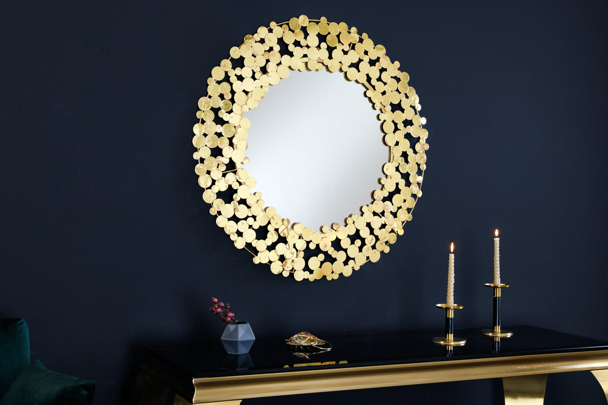 Miroir mural décoratif COINS 80cm XL or antique rond fait main en métal
