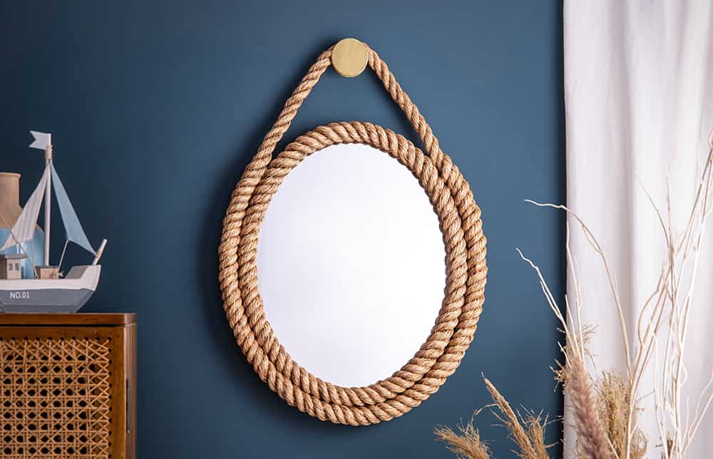 Miroir mural maritime SEVEN SEAS 60cm cadre ovale naturel avec suspension corde dorée