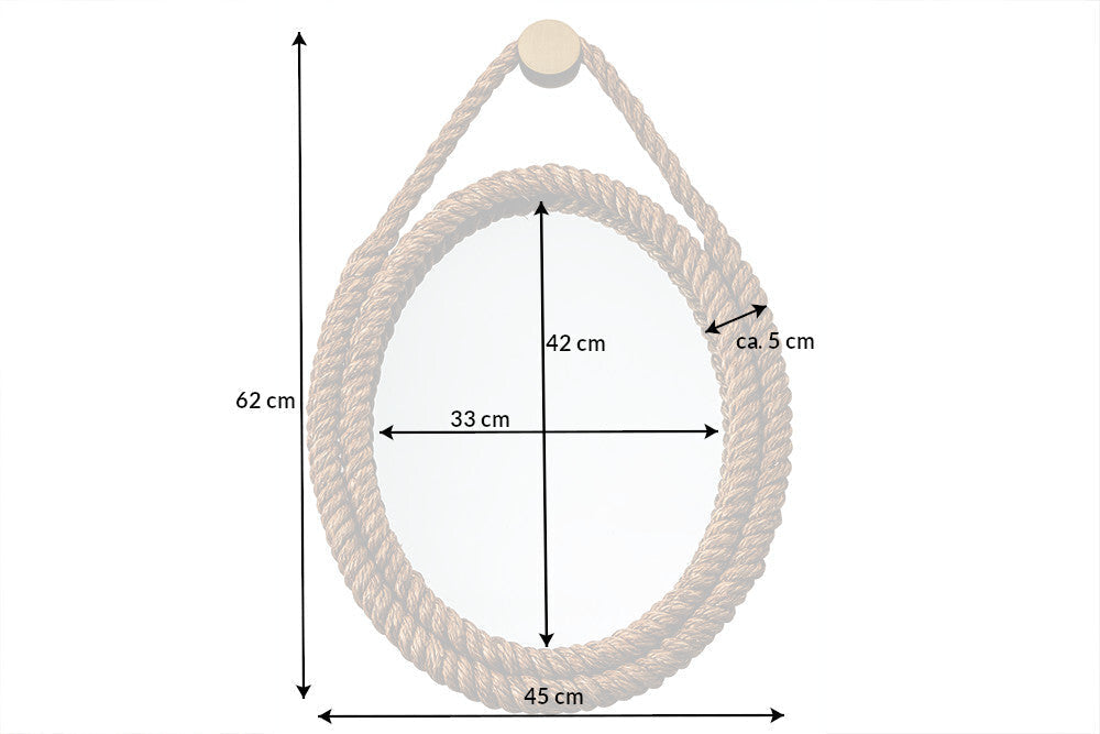 Miroir mural maritime SEVEN SEAS 60cm cadre ovale naturel avec suspension corde dorée