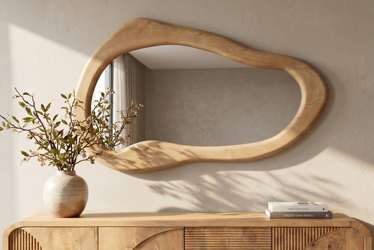 Miroir mural massif ORGANIC 130cm crème bois de manguier flexible à accrocher