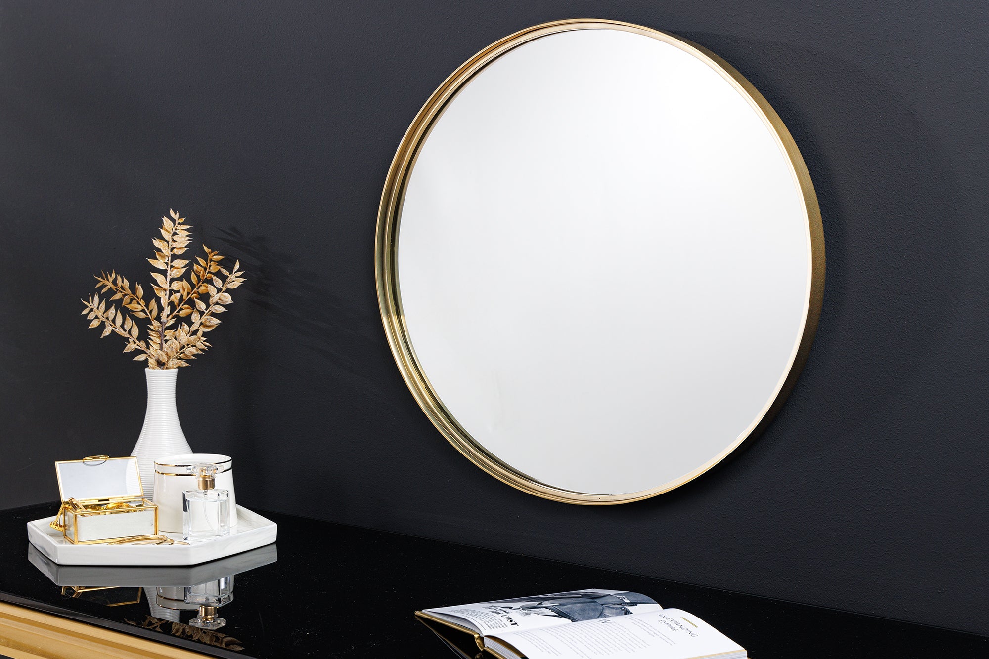 Miroir mural rond PORTRAIT 50cm cadre métal doré fait main