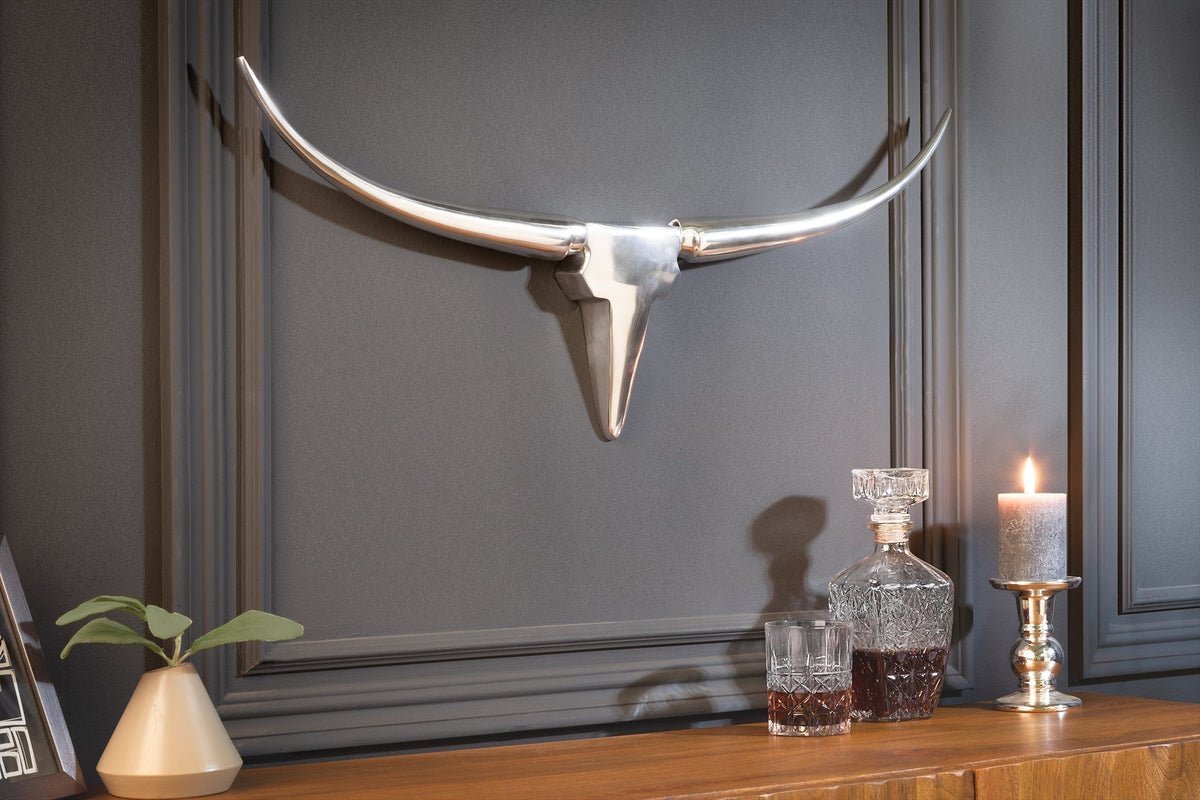 Moderne design de décoration murale BULL 75cm aluminium argenté tête de taureau