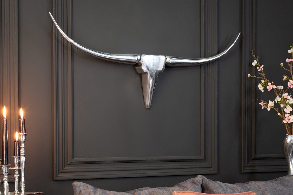 Moderne design de décoration murale BULL L 100cm aluminium argenté tête de taureau