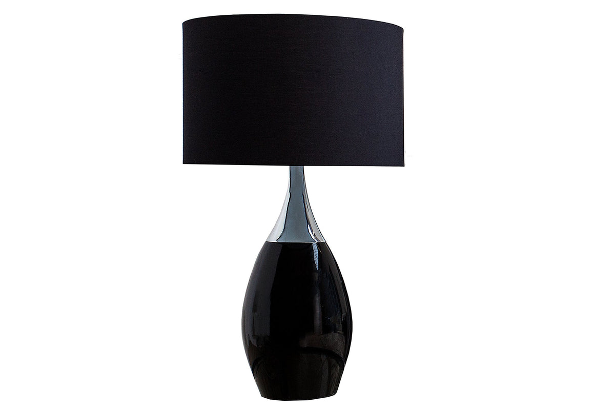 Moderne lampe de table CARLA 60cm noir argent avec abat-jour en lin.