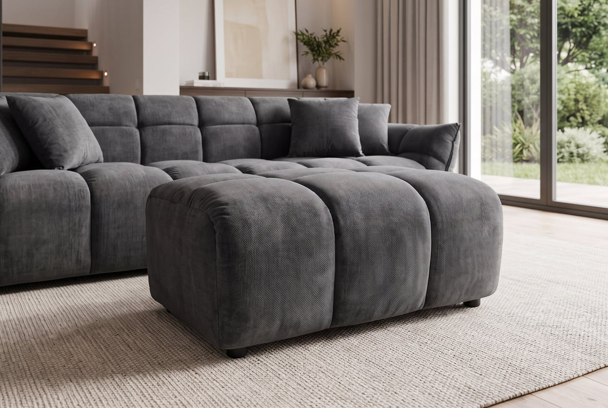 Moderne pouf CLOUD 100cm gris Vogue tissu velours ressorts repose-pieds pouf
