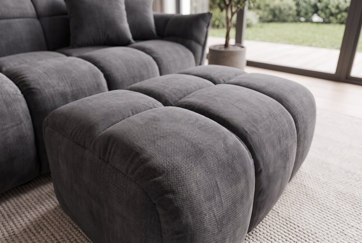 Moderne pouf CLOUD 100cm gris Vogue tissu velours ressorts repose-pieds pouf
