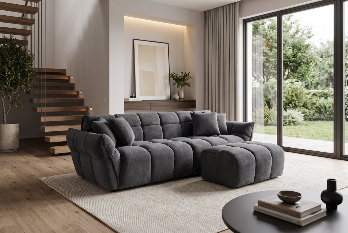 Moderne pouf CLOUD 100cm gris Vogue tissu velours ressorts repose-pieds pouf