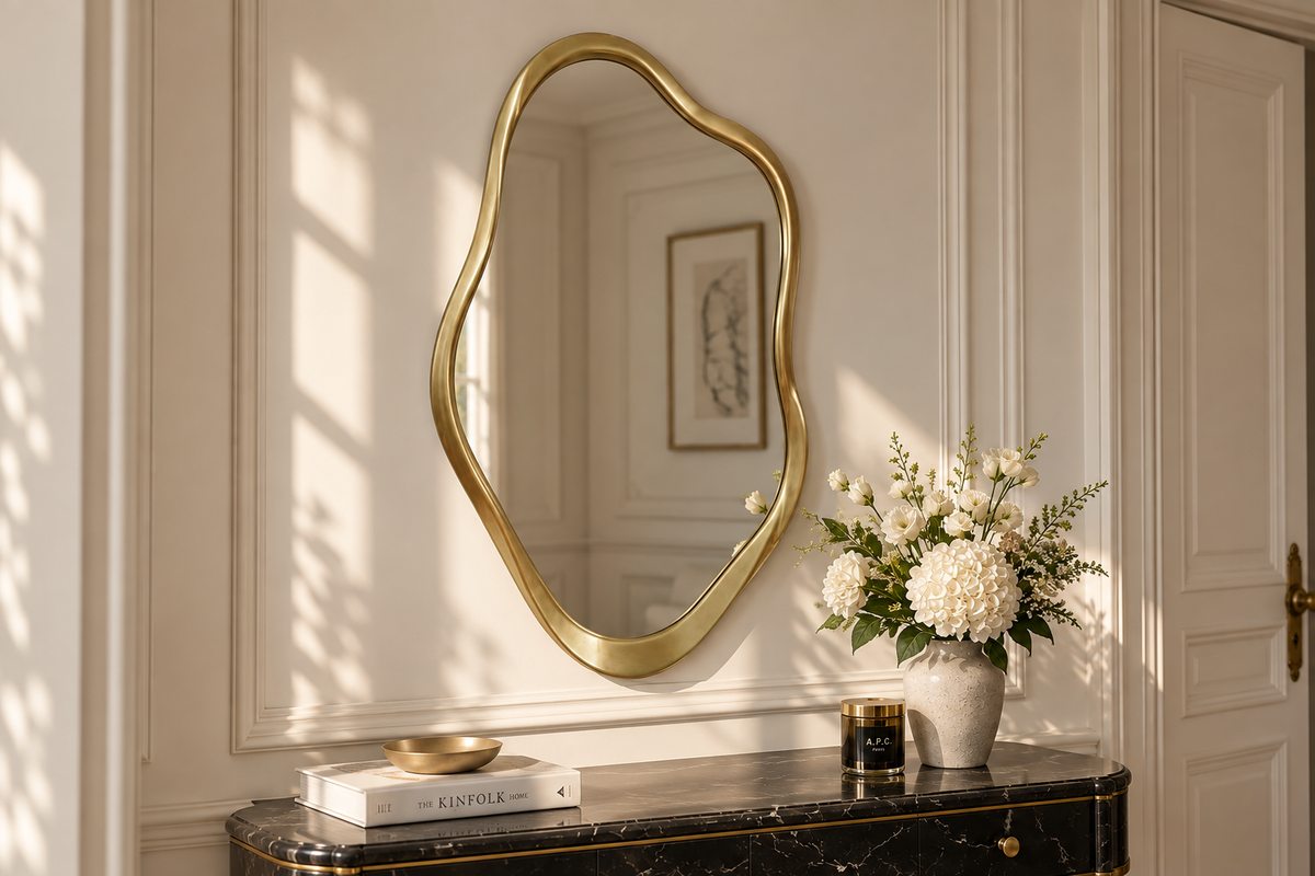 Moderner Wandspiegel EMBER 100cm gold variabel aufhängbar organische Form