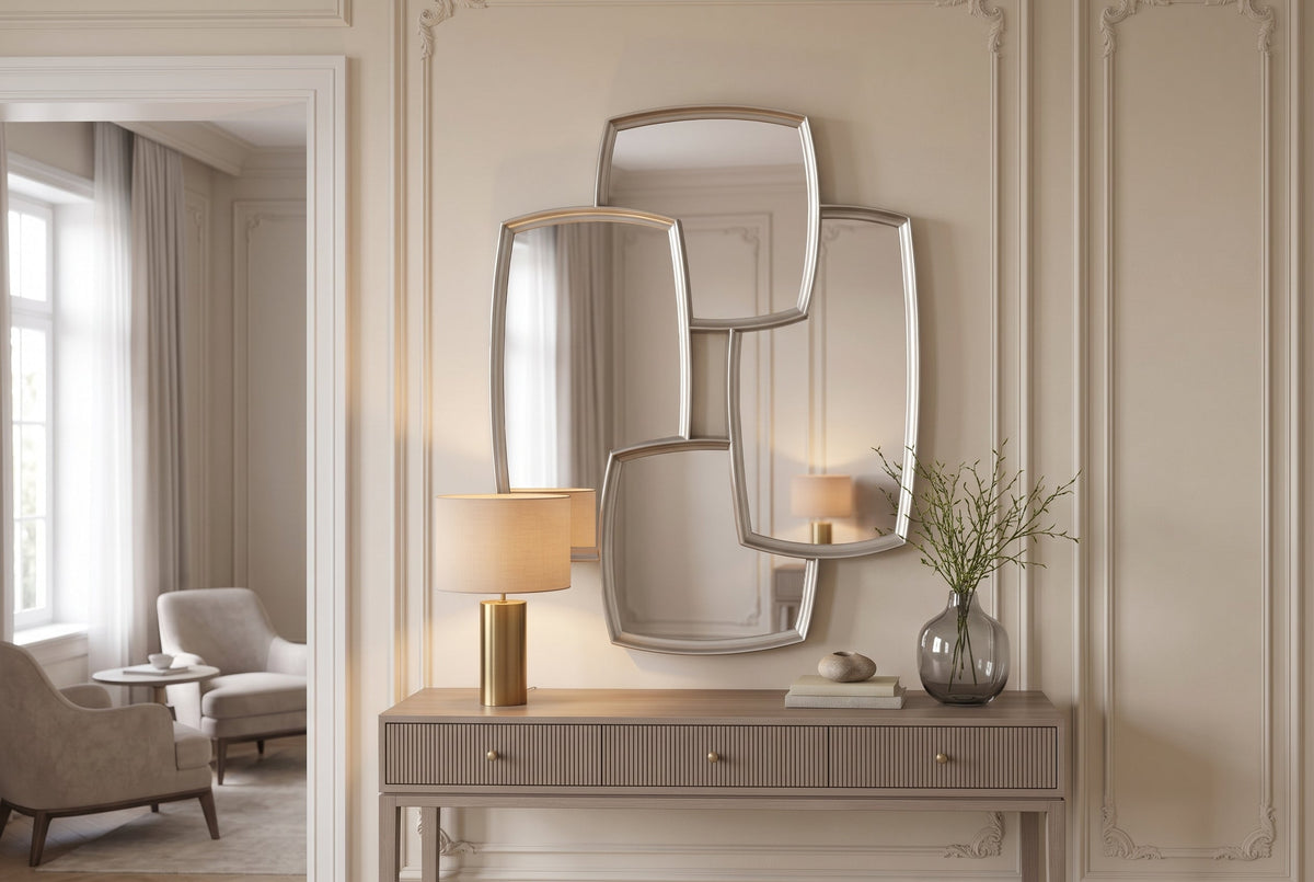 Moderner Wandspiegel QUADRA 90cm silber variabel aufhängbar vier Spiegel