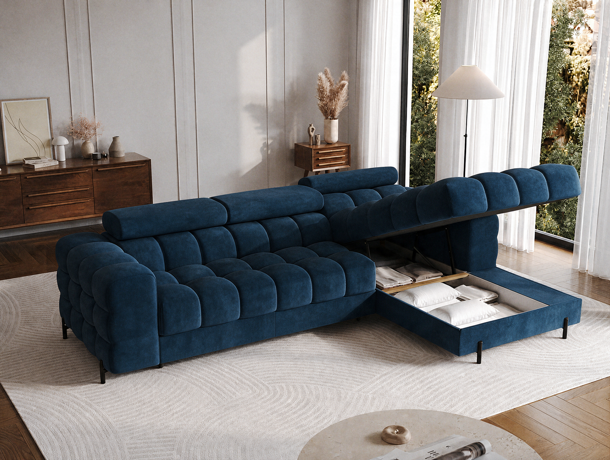 MONTCEAU ANGLE — Canapé d’angle avec coffre de rangement velours bleu marine