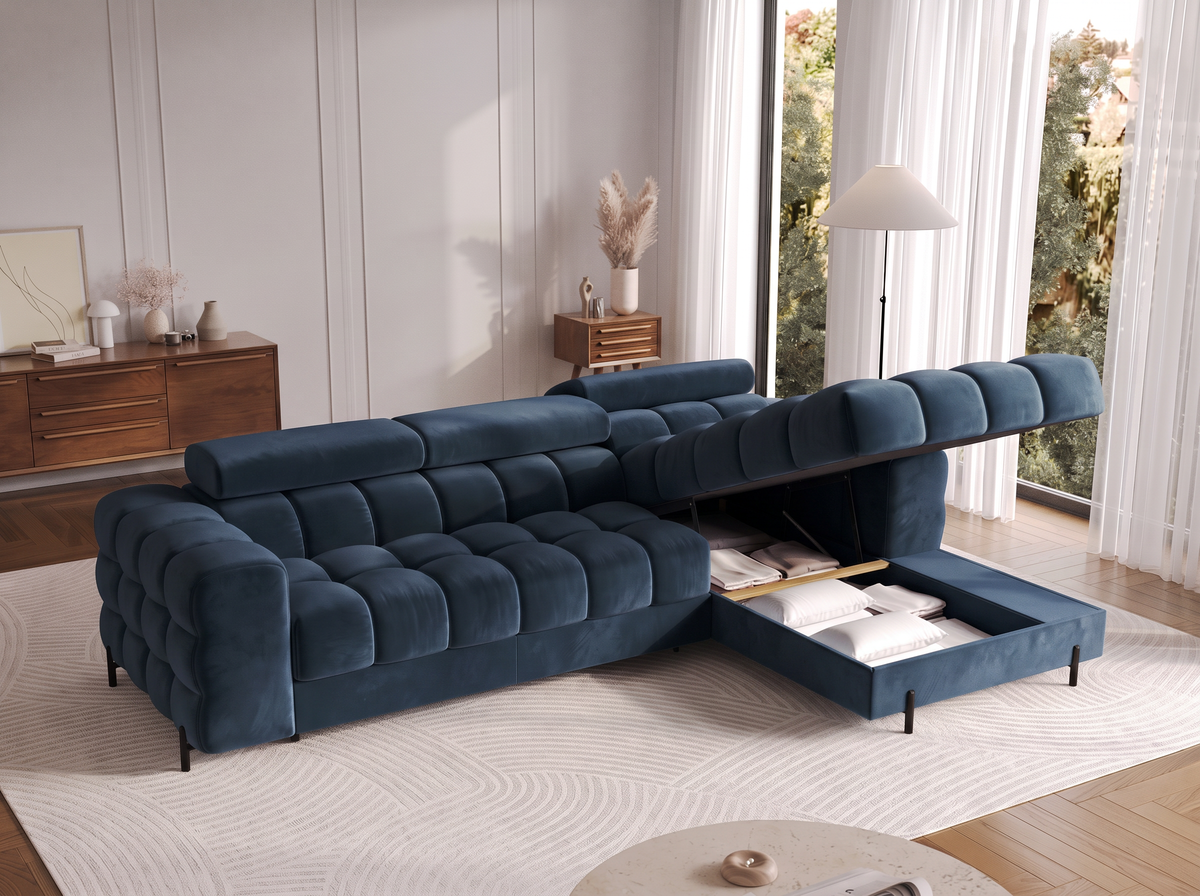 MONTCEAU ANGLE — Canapé d’angle avec coffre de rangement velours bleu marine