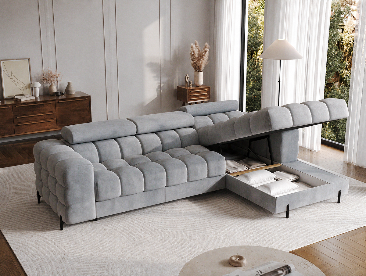 MONTCEAU ANGLE — Canapé d’angle avec coffre de rangement velours gris clair