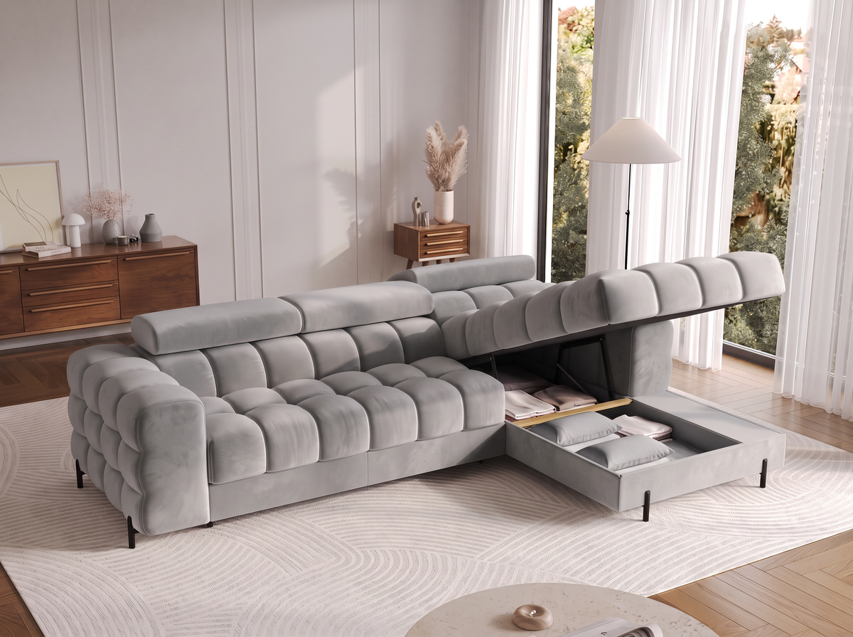MONTCEAU ANGLE — Canapé d’angle avec coffre de rangement velours gris clair