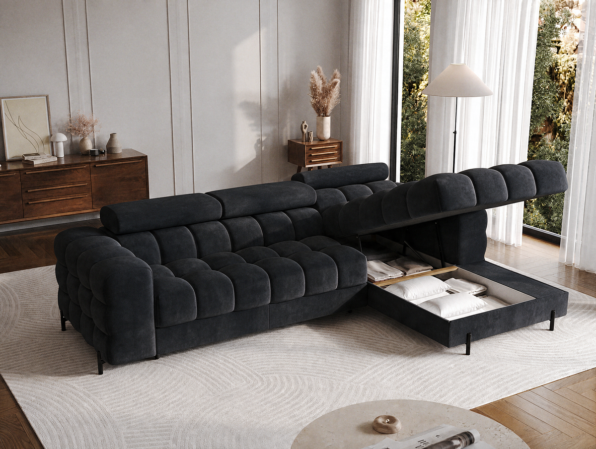 MONTCEAU ANGLE — Canapé d’angle avec coffre de rangement velours noir