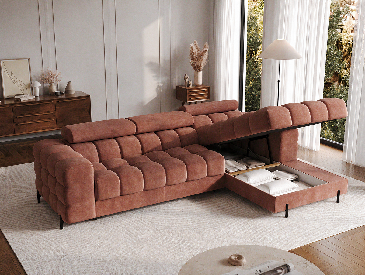 MONTCEAU ANGLE — Canapé d’angle avec coffre de rangement velours terracotta